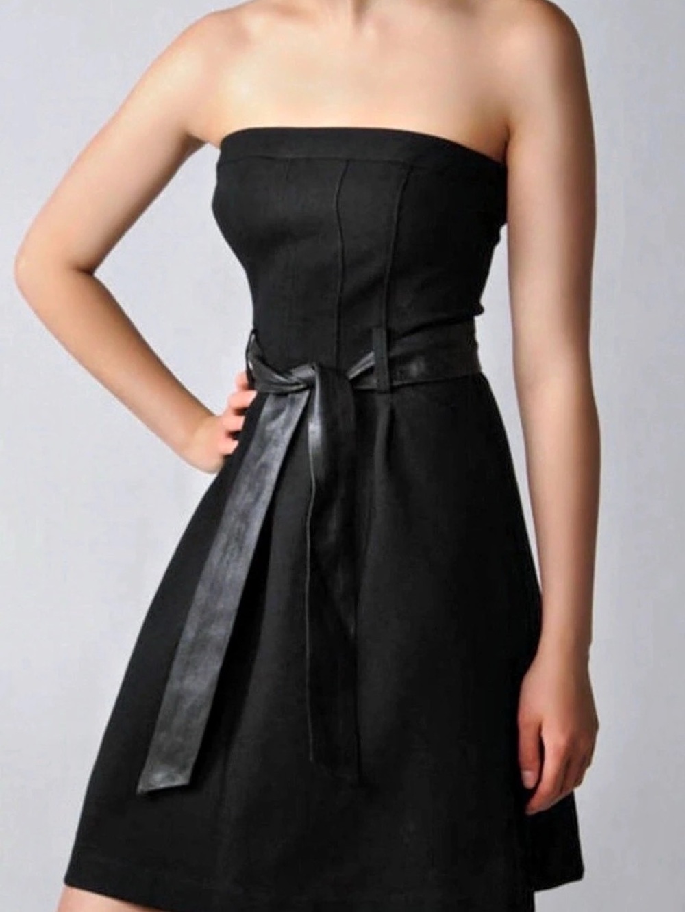 Theory Black Stretch Mini Dress with Leather & Satin Sash — Size M